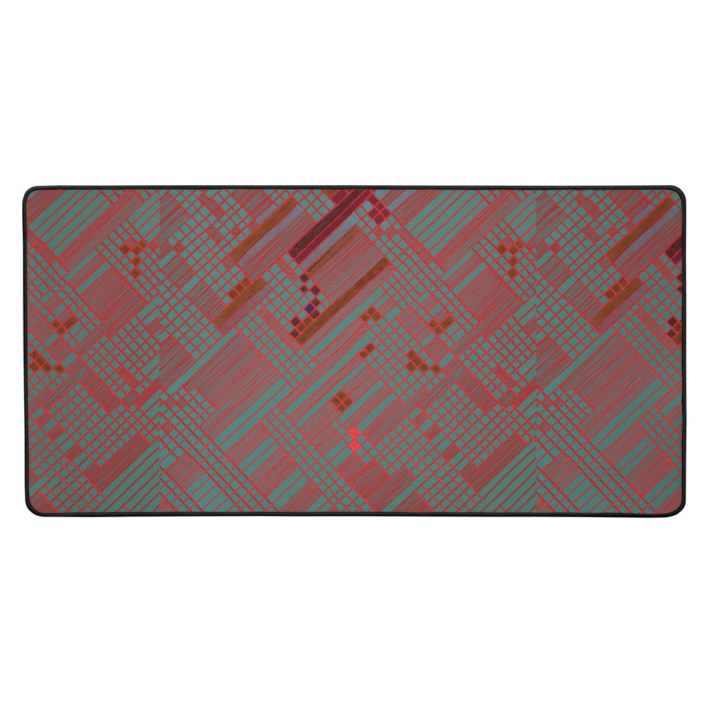 Anti-Slip Desk Mat - Smooth 100% Polyester with Durable Hemmed Edges and Natural Rubber Base, wide geometric red and gray gaming desk mat