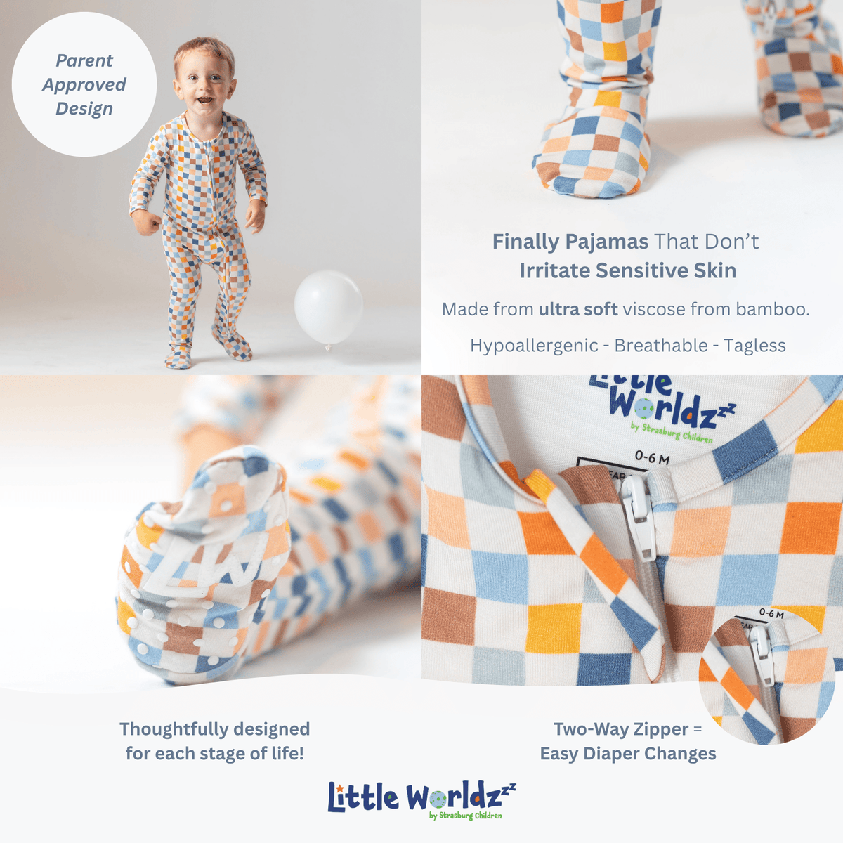 Multi Checkered Bamboo Baby Pajamas – Zipper Footie